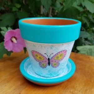 Hand Painted Decoupaged Butterfly Themed 4.5" Flower Pot with Matching Saucer